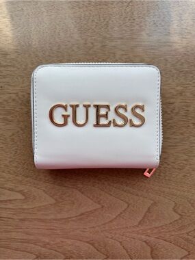 GUESS Cream Compact Zip Wallet with Gold Logo